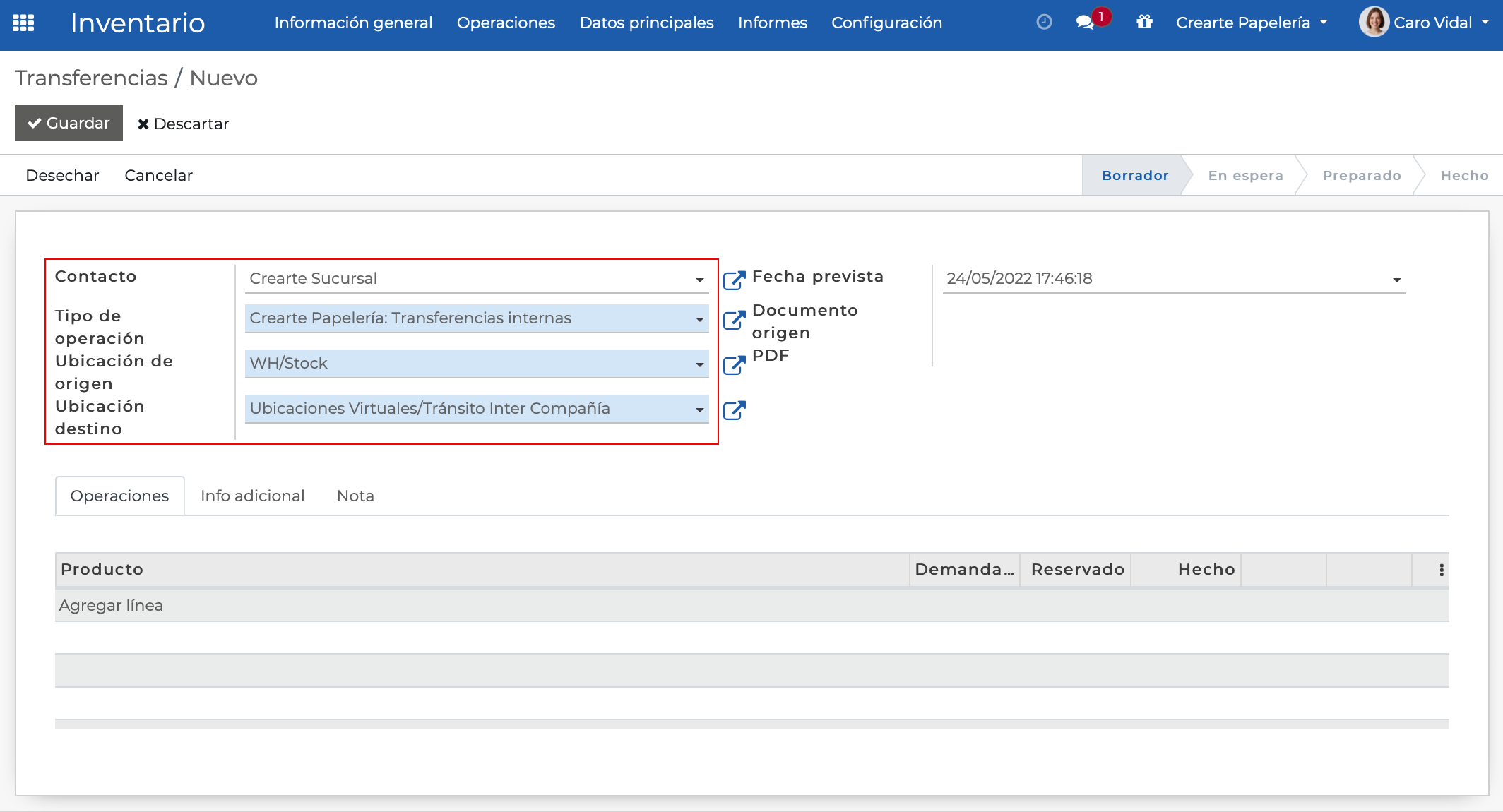 Imagen 4: Datos primarios de la transferencia interna