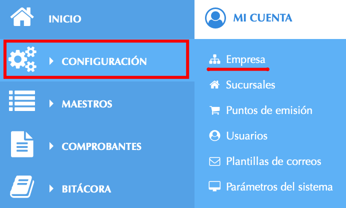 Imagen 1: Cómo acceder a la configuración de la empresa.