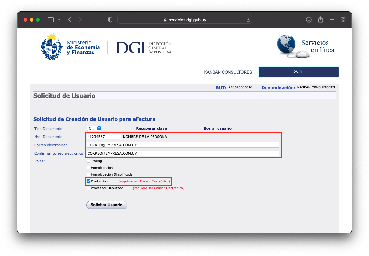 Imagen 3: Solicitud de creación de usuario de Producción para eFactura