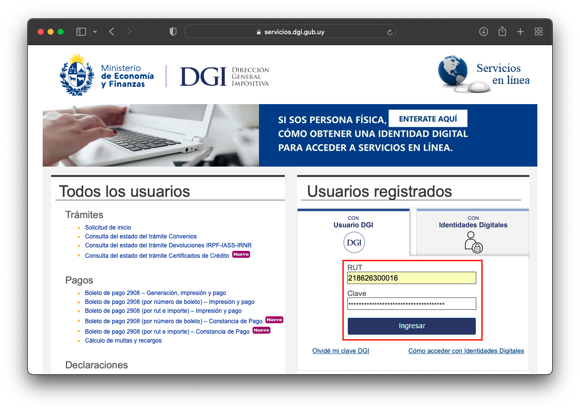 Imagen 1: Inicio de sesión en el portal de Servicios en Línea de DGI