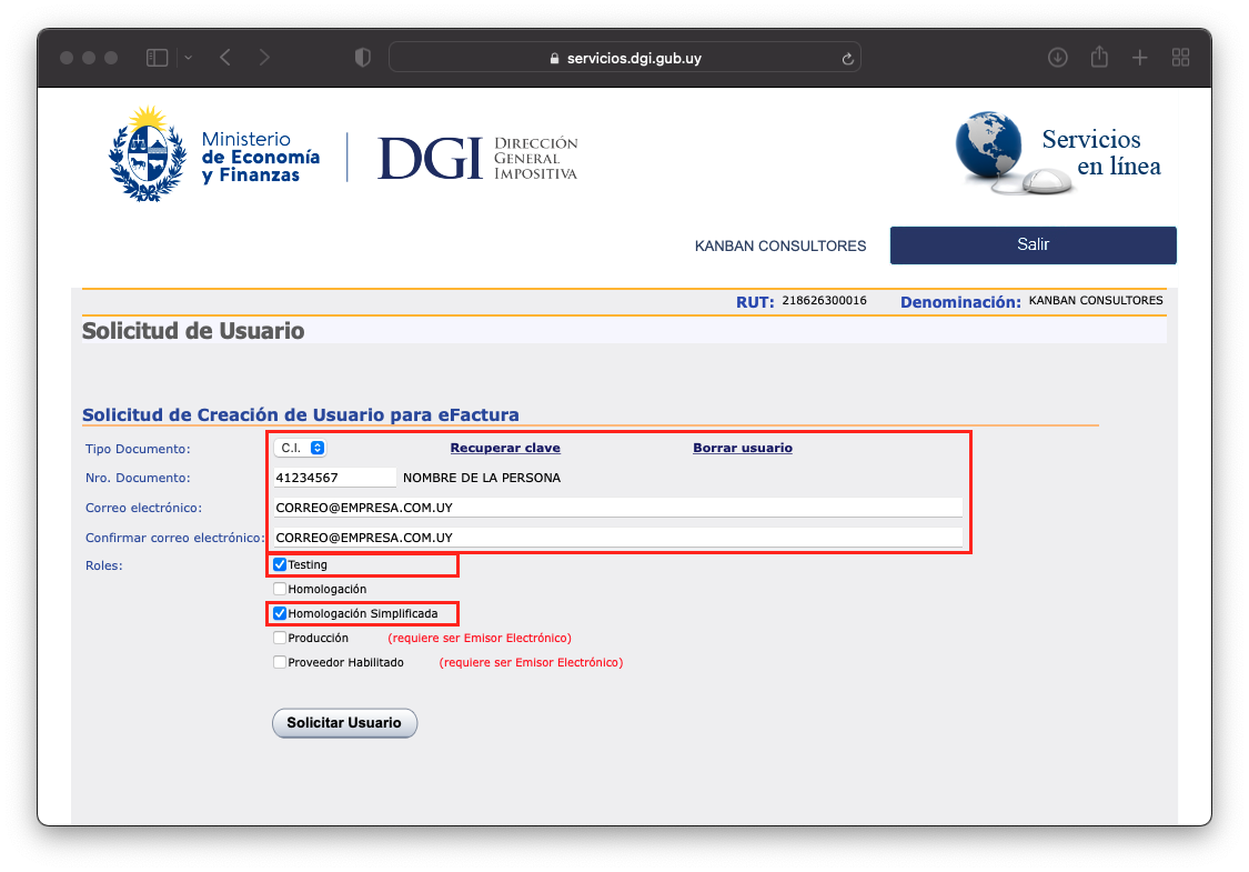 Imagen 3: Solicitud de creación de usuario para eFactura